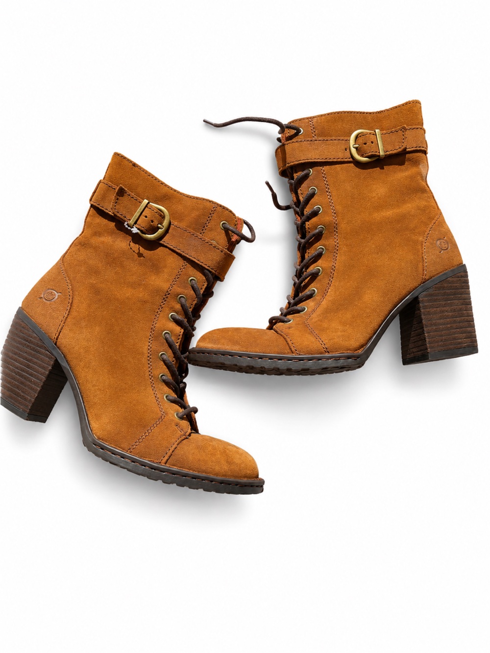 Born Cass Leather Laced Combat Boots with Stacked Heel and Buckle Size 8.5